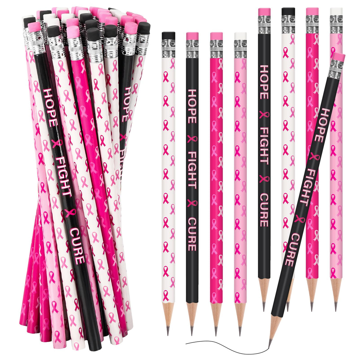 Whaline 100Pcs Breast Cancer Awareness Pencils Pink Ribbons Wood Pencils with Erasers Colorful Breast Cancer Pencils Hope Fight Cure Pattern Writing Pencils for Women Charity Supplies, 4 Designs