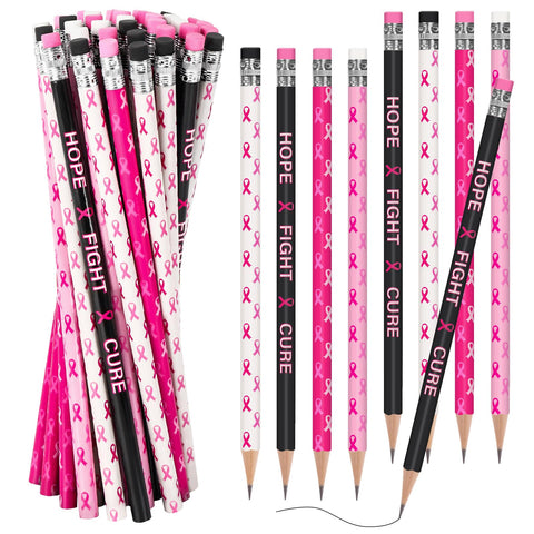 Whaline 100Pcs Breast Cancer Awareness Pencils Pink Ribbons Wood Pencils with Erasers Colorful Breast Cancer Pencils Hope Fight Cure Pattern Writing Pencils for Women Charity Supplies, 4 Designs