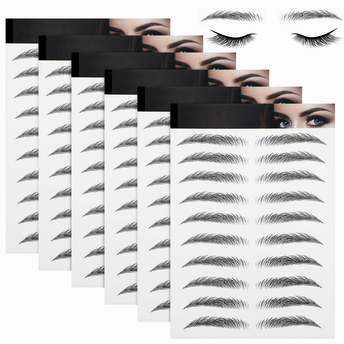 6 Sheets 4D Hair-Like Waterproof Eyebrow Stickers Eyebrow Transfers Stickers Grooming Shaping Eyebrow Sticker in Arch Style for Women and Girls, 66 Pairs Black (Simple Styles)