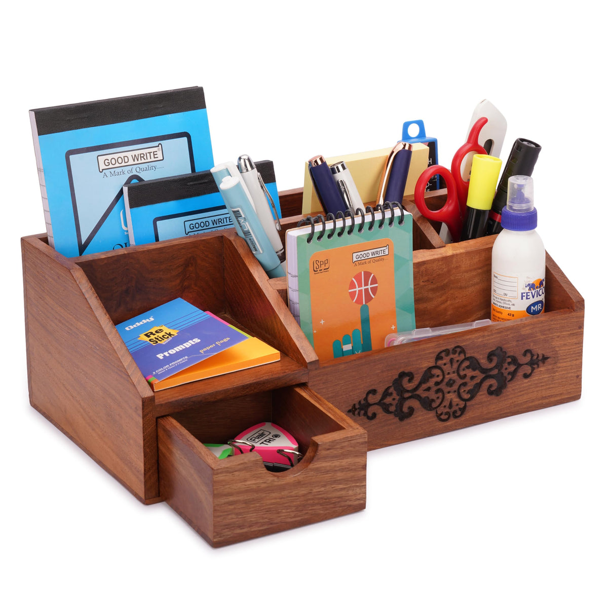 Ajuny Rustic Wooden Desk Organizer with Multiple Compartments & Drawer for Office, Home, & Classroom - 10x6 Inch Storage Rack