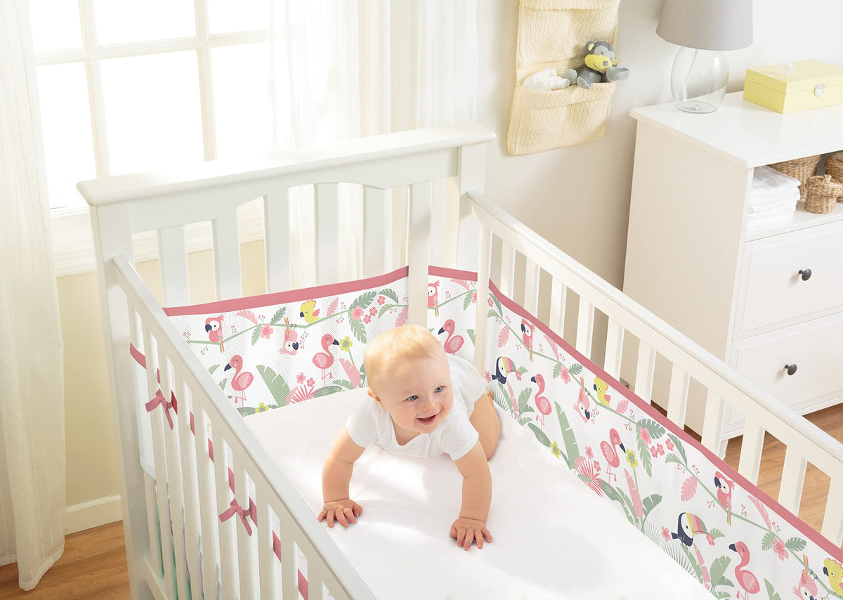 BreathableBaby Classic Breathable Mesh Cot Liner | for Cots with 4 Open Sides | Covers 4 Sides | The Safer Alternative to Traditional cot Bumpers | Machine Washable | Tropical Garden | Adjustable
