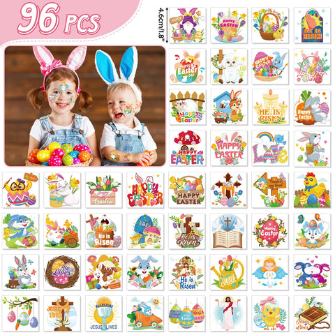 HOWAF 96pcs Easter He is Risen Temporary Tattoos, Religions Christian Easter Temporary Tattoos for Kids, Easter Bunny Egg Tattoos Stickers for Easter Spring Party Favors