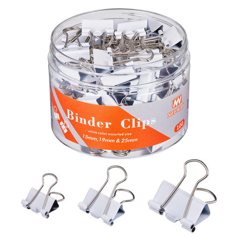 NEEWAY Binder Clips Assorted Sizes, White Binder Clips Set for Office and Home Use - Pack of 100