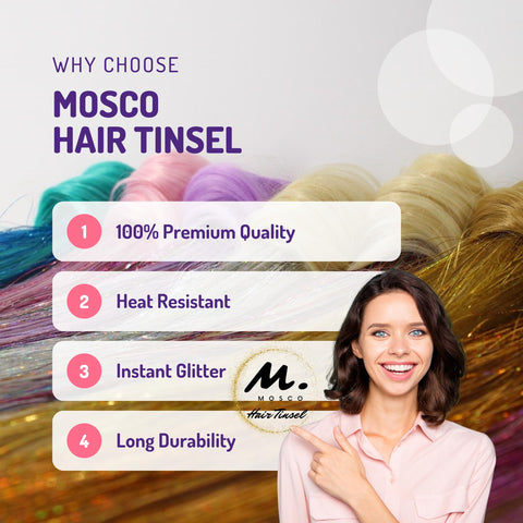 MOSCO 47 Inches Hair Tinsel with 240 Strand Girls Shinning Glitter Colored Hair Extensions Tinsel Festival Hairs for women (Silver)