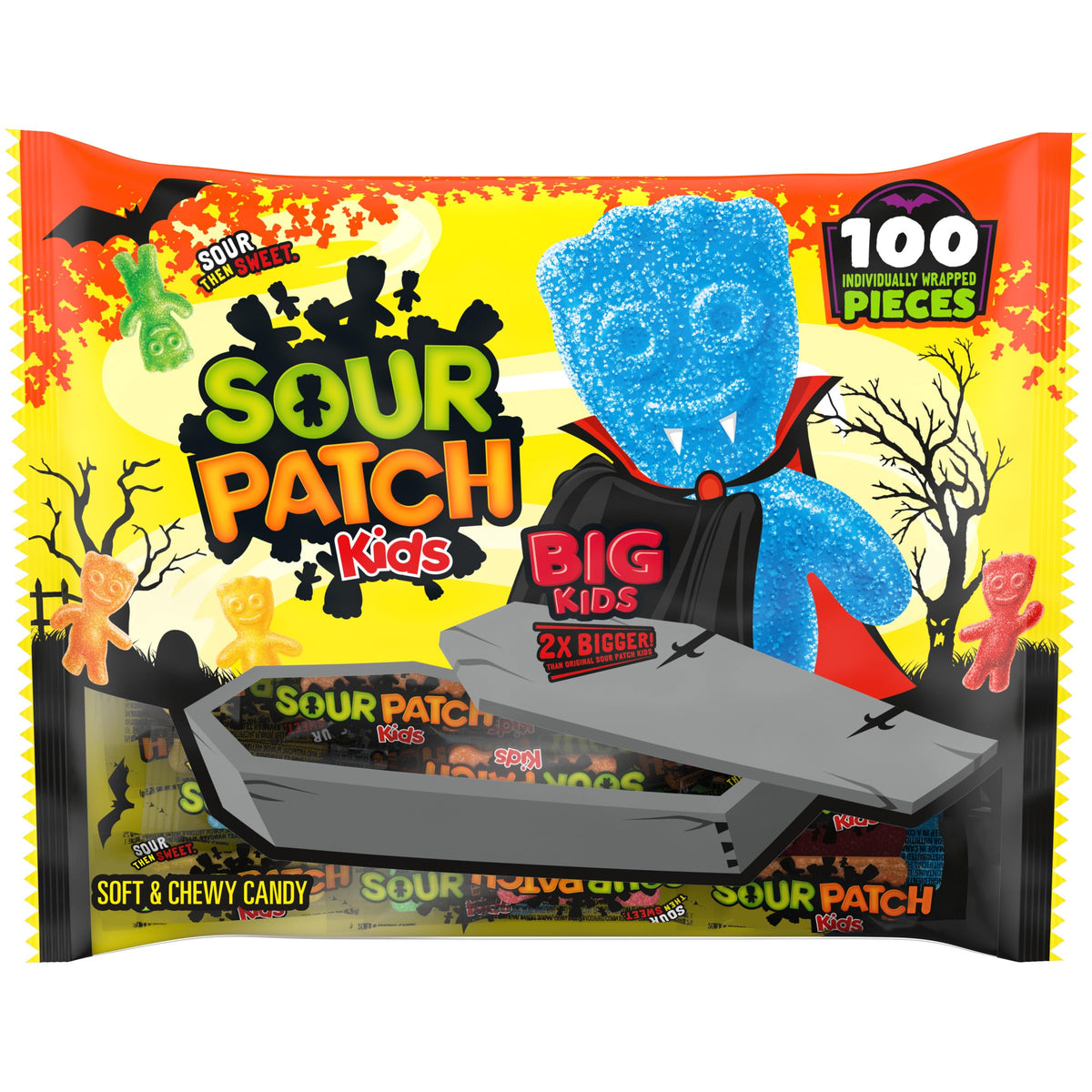 SOUR PATCH KIDS BIG Individually Wrapped Soft & Chewy Halloween Candy, 100 Pieces