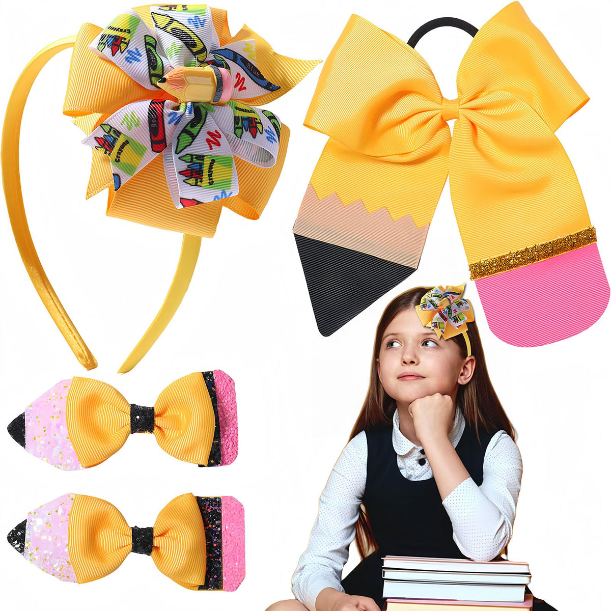 FULANSI Back to School Bow Hair Clips Yellow Pencil Headband Cute Bows Hair Accessories Big Bow Hair Scrunchies Cheer Hair Barrettes for First Day of School Girl Students Teachers Outfits Decor 4PCS