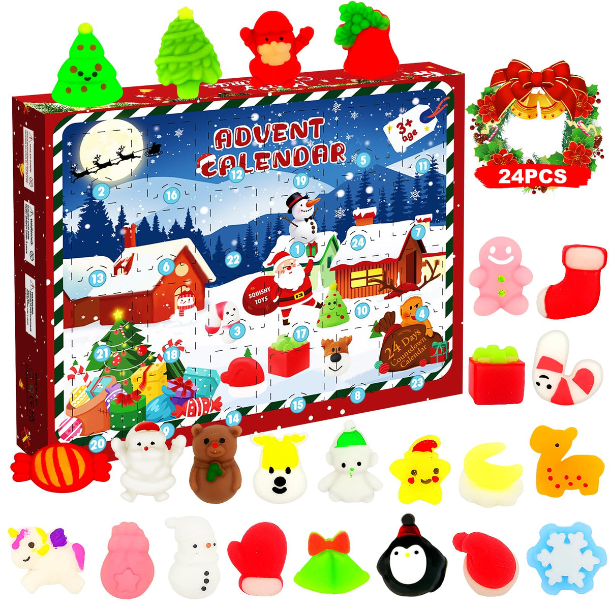 Advent Calendar 2024, 24 Days Countdown Calendar Toys Squishy Christmas Countdown Advent Calendar Reusable Cute Gifts for Boys and Girls
