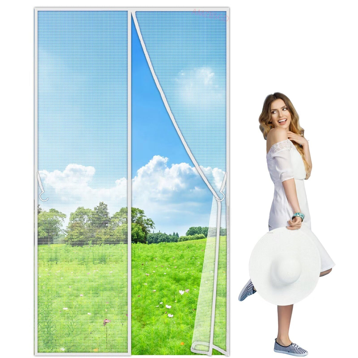 Totally Magnetic Door Fly Screen, 310x150cm Double Single Door Mesh Car with Hook and Loop Tape Durable Garage Screen Cover Kit Garage Door Curtain White Customizable