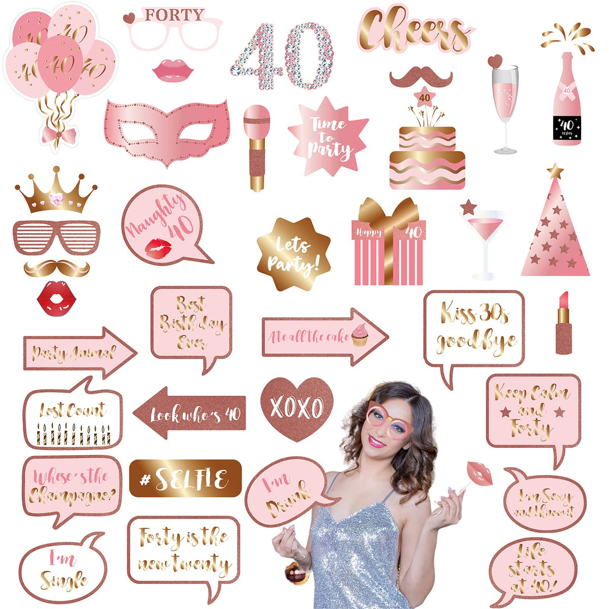 38Pcs Rose Gold 40th Birthday Photo Booth Party Props,Rose Gold 40th Birthday Decorations,Personalised Funny DIY Kit Party Selfie Photo Props for men,women,adults,40th Birthday Gift Party Favors