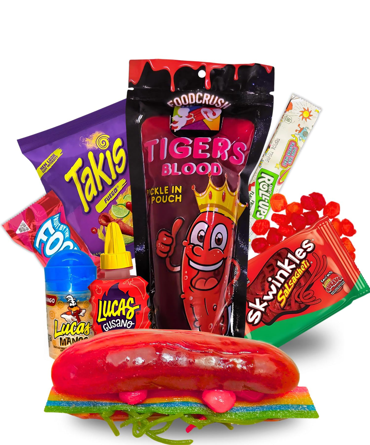 Tigers Blood Pickle Kit with Mexican Candy (Dulces Mexicano) Gift Pouch with Takis, Fruit By The Foot, Fruit Roll-Up, Lucas Watermelon Skwinkles, Lucas Mango Powder, Lucas Gusano Chamoy Sauce -Tiktok Trend Items by Food Crush