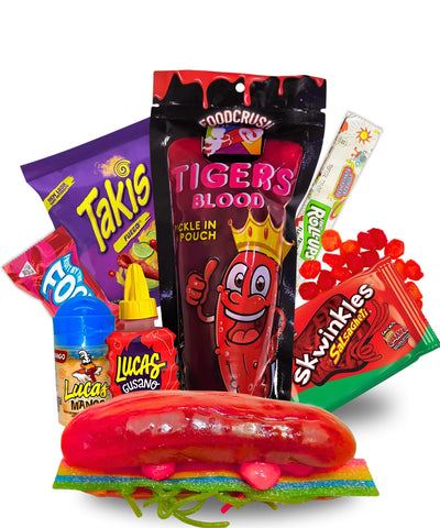 Tigers Blood Pickle Kit with Mexican Candy (Dulces Mexicano) Gift Pouch with Takis, Fruit By The Foot, Fruit Roll-Up, Lucas Watermelon Skwinkles, Lucas Mango Powder, Lucas Gusano Chamoy Sauce -Tiktok Trend Items by Food Crush