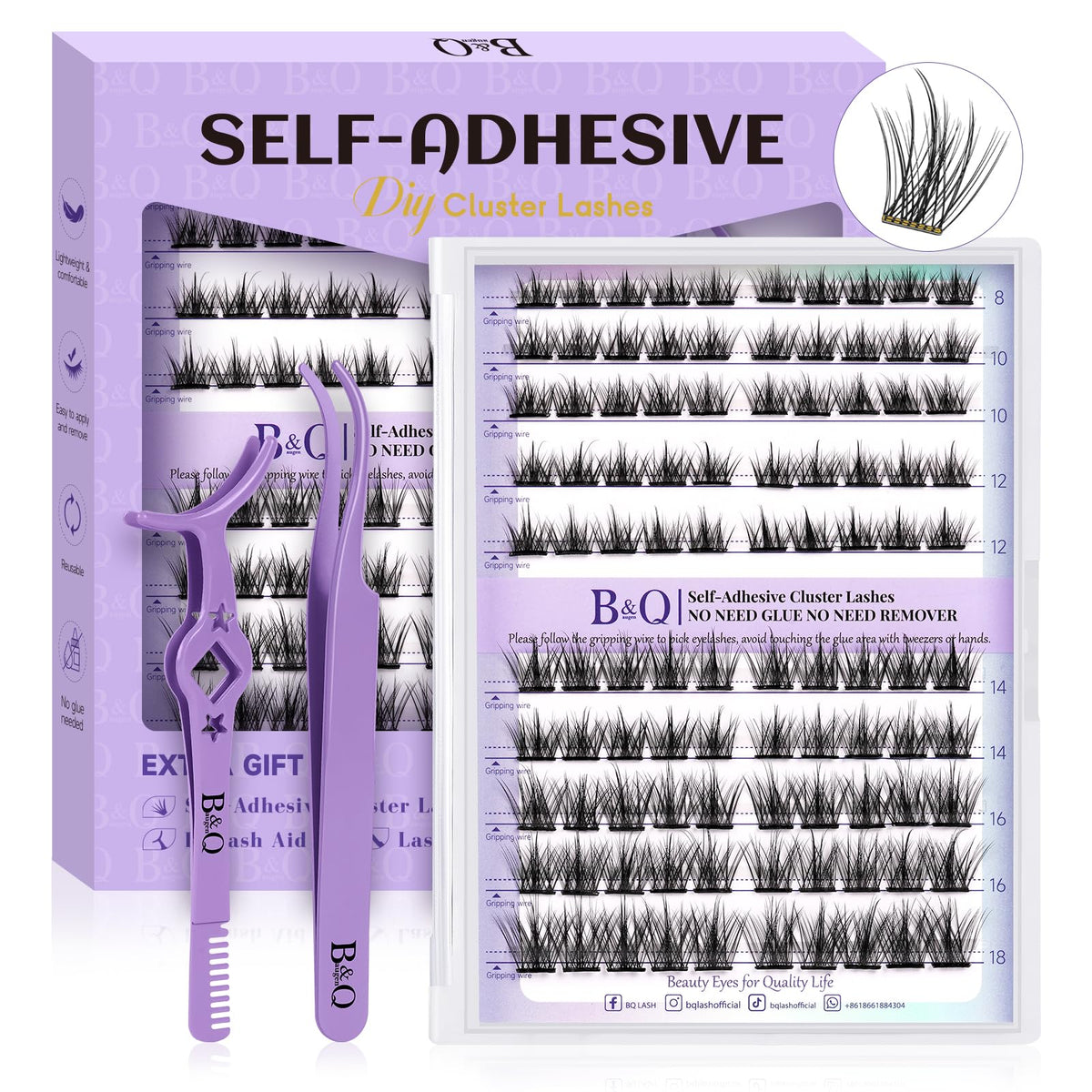 B&Q Self Adhesive Eyelashes Extensions Kit 100 PCS 8-18 Mixed Self Adhesive Lashes No Glue Eyelashes ZC03 Press On Eyelashes Clusters Kit Natural DIY Lash Extension Kit No Glue Lashes(ZC03-D-MIX)