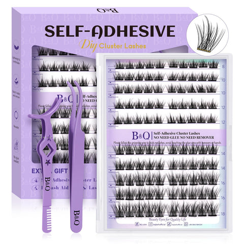 B&Q Self Adhesive Eyelashes Extensions Kit 100 PCS 8-18 Mixed Self Adhesive Lashes No Glue Eyelashes ZC03 Press On Eyelashes Clusters Kit Natural DIY Lash Extension Kit No Glue Lashes(ZC03-D-MIX)