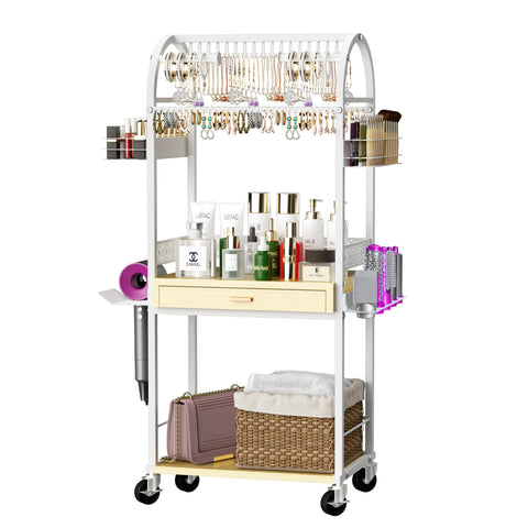 Xubialo Makeup Organizer Cart with Wood Drawer,Jewelry Cart, Jewelry Stand with Earring Organizer Necklace Holder,Jewelry Holder Organizer with Hair Dryer Holder/Curling Iron Holder Jewelry Armoire
