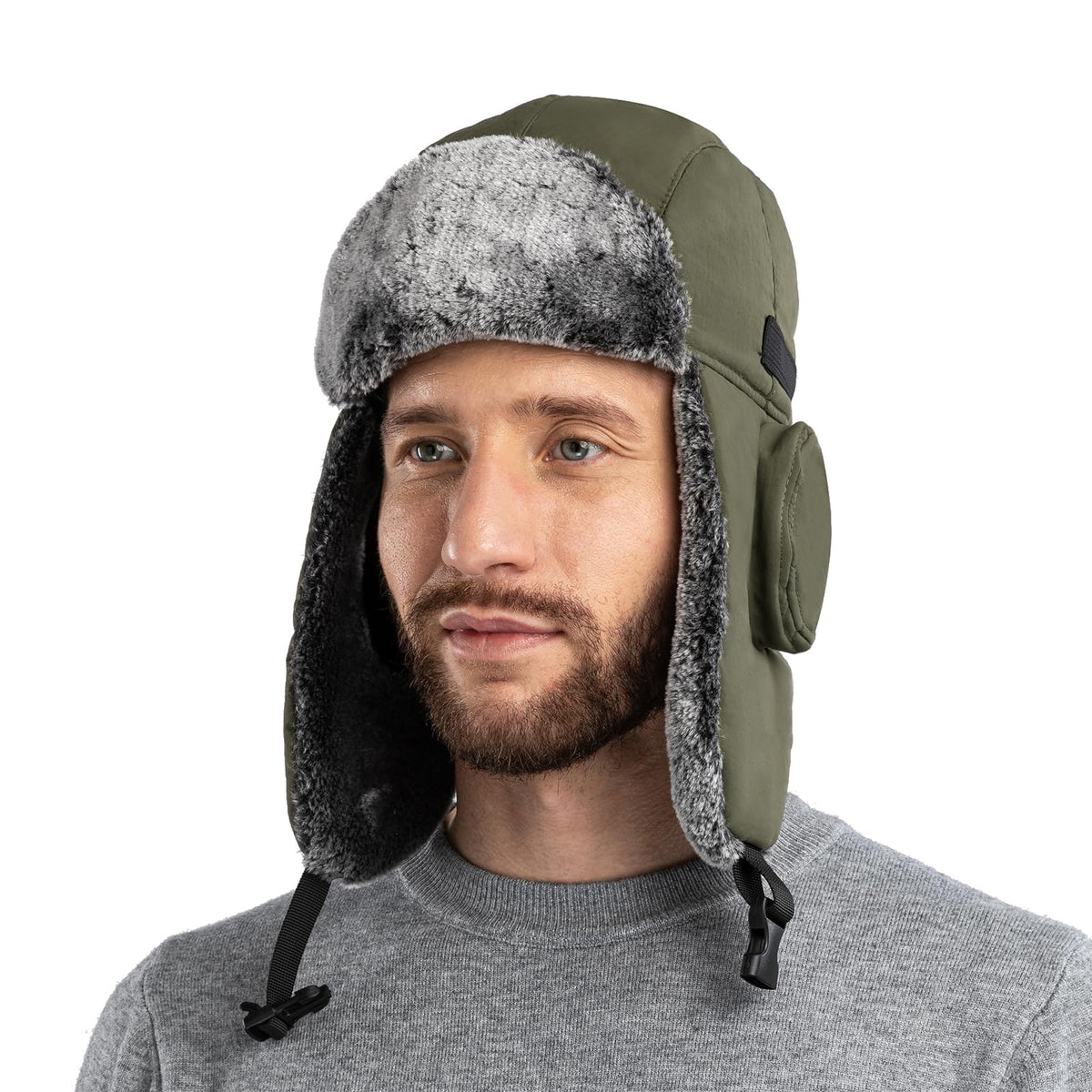 Winter Bomber Ushanka Russian Hat Eskimo Fur Hunting Skiing Trapper Trooper Hats with Ear Flaps Men Womens Aviator Warm Snow Ski Army Green