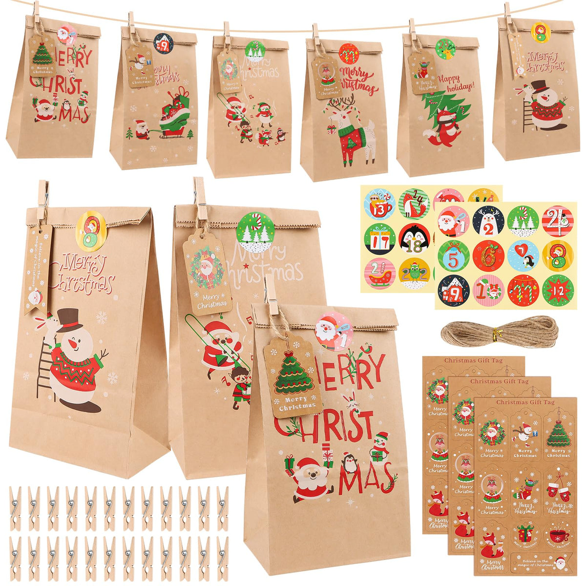 Advent Calendar for Filling, 2024 Advent Calendar for Filling Yourself with Advent Calendar Bags, DIY Advent Calendar, Kraft Paper with Bags and Numbers Stickers