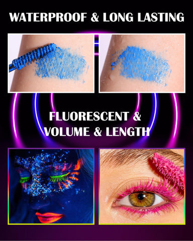 Neon Mascara for Eyelashes-2Pcs UV Glow Blacklight Colored Mascara Volume and Length, Waterproof Smudge-proof Long Lasting Non Clumping Colorful Mascara for Halloween Christmas Parties(Blue+Purple)