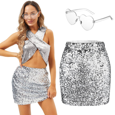 Shihanee Women's Sequin Skirt Sparkle Stretchy Bodycon Mini Glitter Skirts with Heart Sunglass Night Out Party (Silver,X-Large)