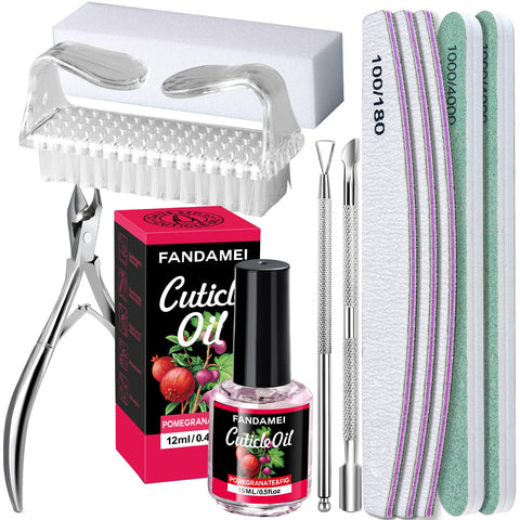 FANDAMEI Nail Files and Buffers Kit, Cuticle Remover Kit with Nail File, Buffer, Buffer Block, Cuticle Nipper, Pusher & Peeler. Nail Cuticle Oil Pomegranate for Nail Care