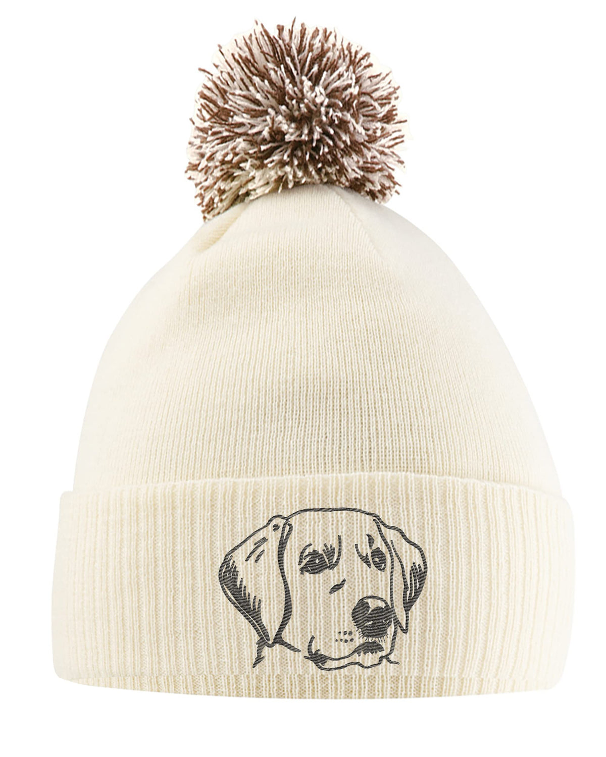 Purple Print House Labrador Retriever Hat - Bobble Beanie Hat - Dog Owner Gifts for Girls - Winter Beanie Hat with Labrador Retriever Embroidered On The Front, One Size, Off White/Mocha