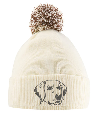Purple Print House Labrador Retriever Hat - Bobble Beanie Hat - Dog Owner Gifts for Girls - Winter Beanie Hat with Labrador Retriever Embroidered On The Front, One Size, Off White/Mocha