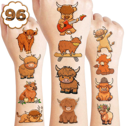 Highland Cow Temporary Tattoos Themed Birthday Party Supplies Favors Decorations Cute Animal Cattle 96PCS Cow Tattoos Stickers Funny for Kids Girls Boys Teens School Classroom Rewards Gifts Ideal Baby