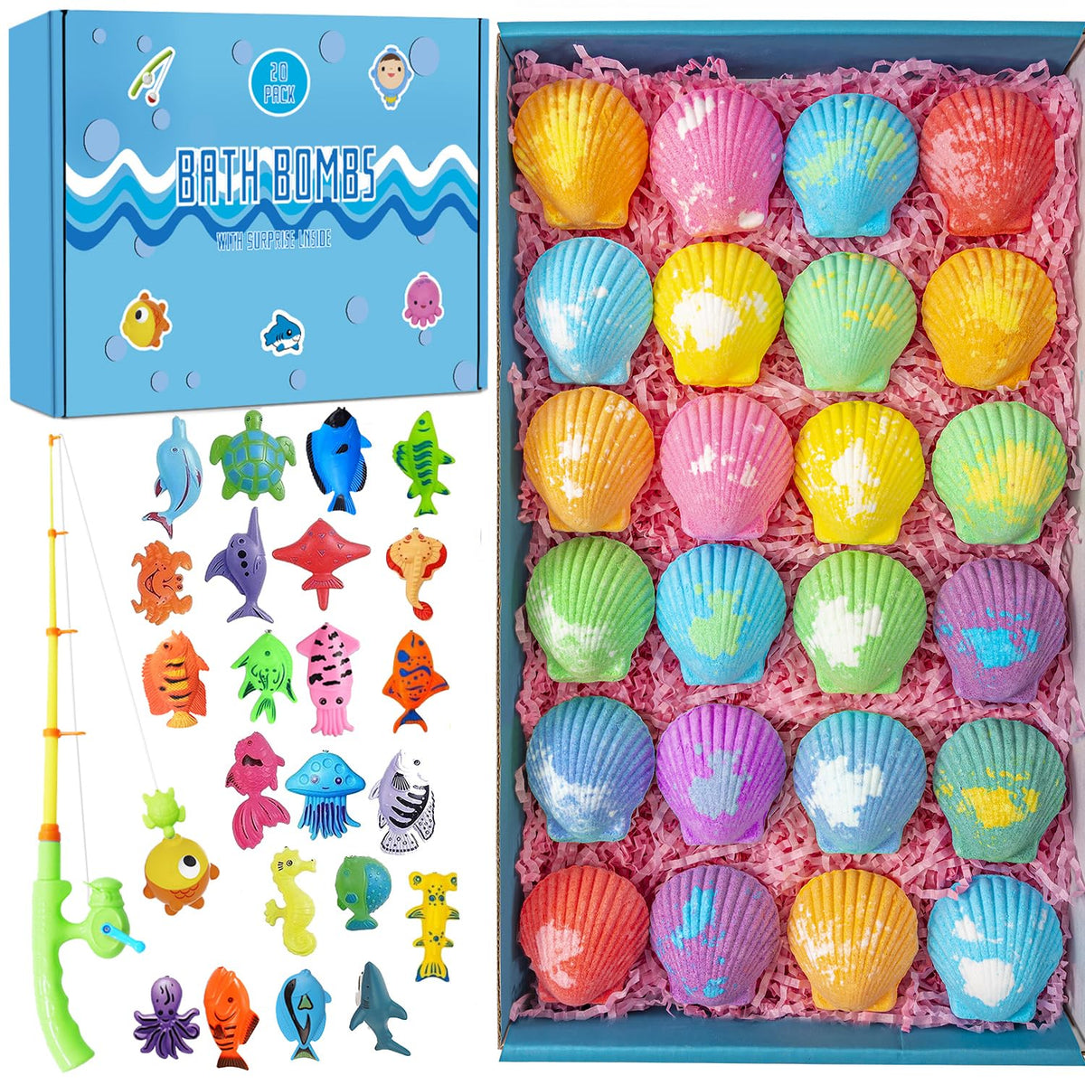 Bath Bombs for Kids with Surprise Fishing Games Inside for Girls Boys - 20 Shell Kids Bath Bombs Gift Set, Handmade Bubble Bath Fizzes Bomb for Chrildren Birthday Christmas and Party Favor