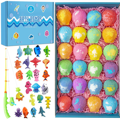 Bath Bombs for Kids with Surprise Fishing Games Inside for Girls Boys - 20 Shell Kids Bath Bombs Gift Set, Handmade Bubble Bath Fizzes Bomb for Chrildren Birthday Christmas and Party Favor