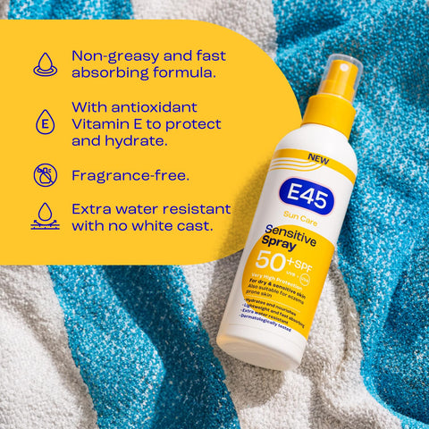E45 Sun Body Cream Spray for Sensitive Skin. Hydrating Sun Spray with very high UVA and UVB protection and SPF 50+. Instantly Moisturising for Dry Skin, Sensitive Skin and Eczema Prone Skin - 180 ml