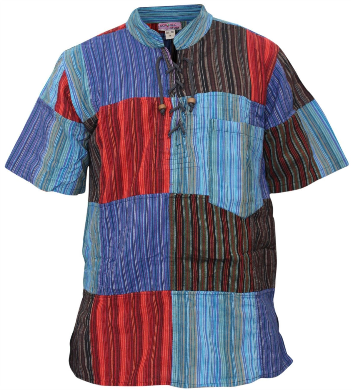 SHOPOHOLIC FASHION Short Sleeve Patchwork Hippie Grandpa Shirt for Men, Striped Patchwork, XL