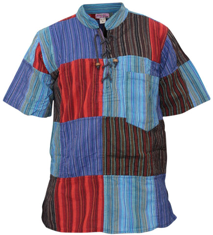 SHOPOHOLIC FASHION Short Sleeve Patchwork Hippie Grandpa Shirt for Men, Striped Patchwork, XL