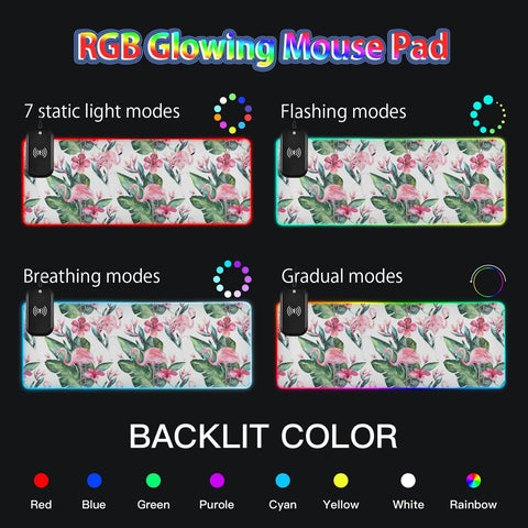 Flamingo Leaves Floral Wireless Charging Mouse Pad for Mobile Phone Extra Large Gaming Mousepad with 13 Lighting Modes Mouse Mat for MacBook PC Laptop Desk Office Home Gaming