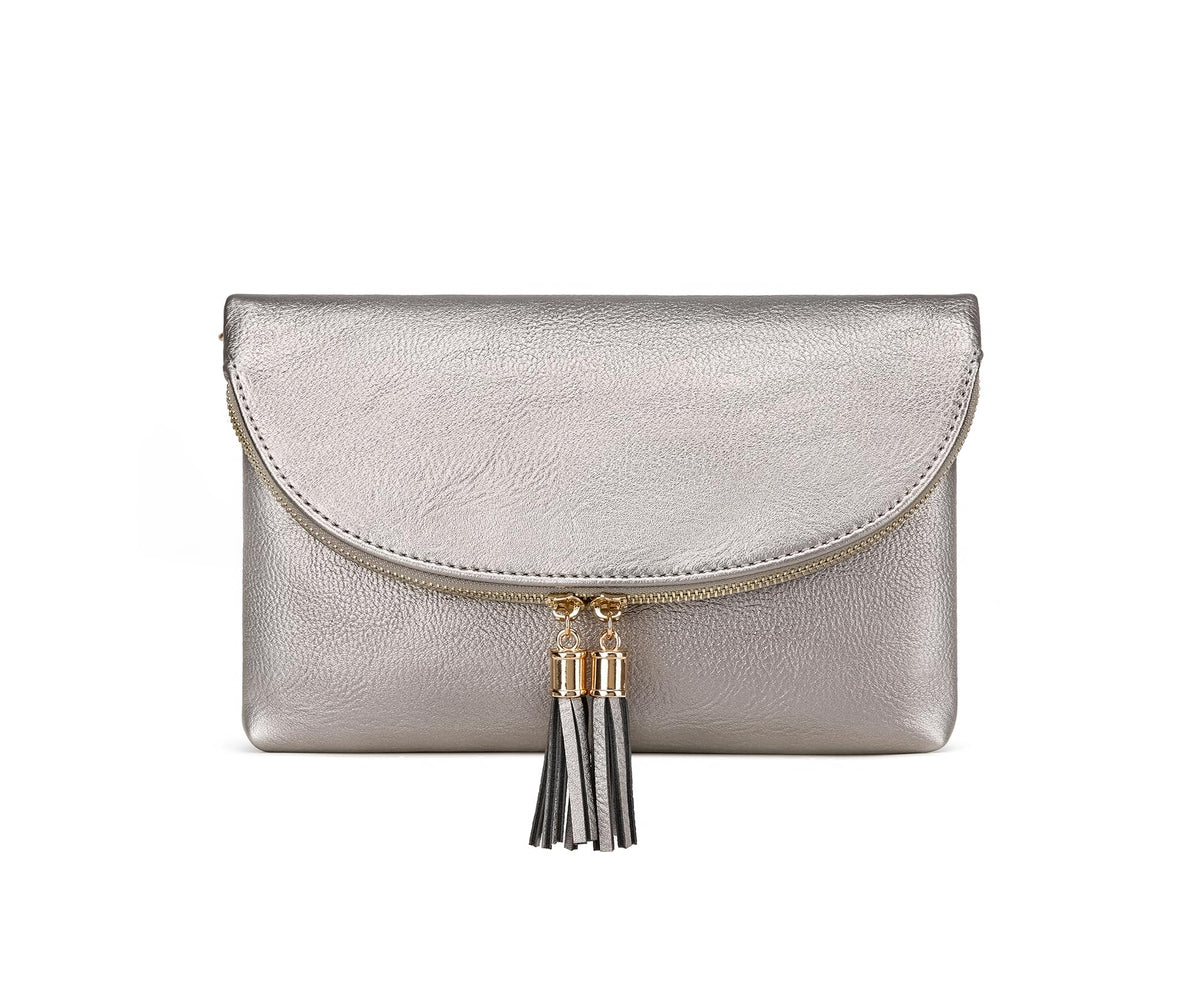 Solene Women's Envelop Clutch Crossbody Bag With Tassels Accent, Light Pewter, S