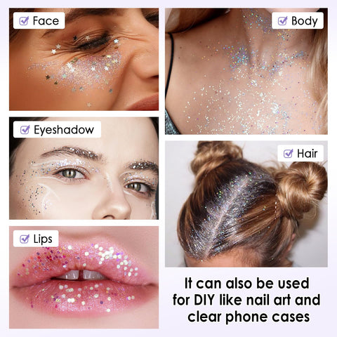 Boobeen Body Glitter Gel, Long Lasting Waterproof Glitter Makeup for Body, Hair, Face, Nail, Quick Dry Liquid Glitter Eyeshadow for Women, Sparkling Makeup Gel for Rave Festival Party