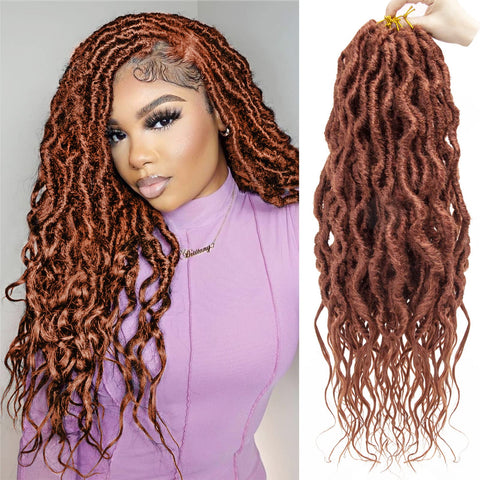 24inch Faux Locs Crochet hair Ombre Wavy Goddess Locs Crochet Braids Curly Ends Dreadlocks Synthetic Braiding Hair Extensions (24inch, Ginger)