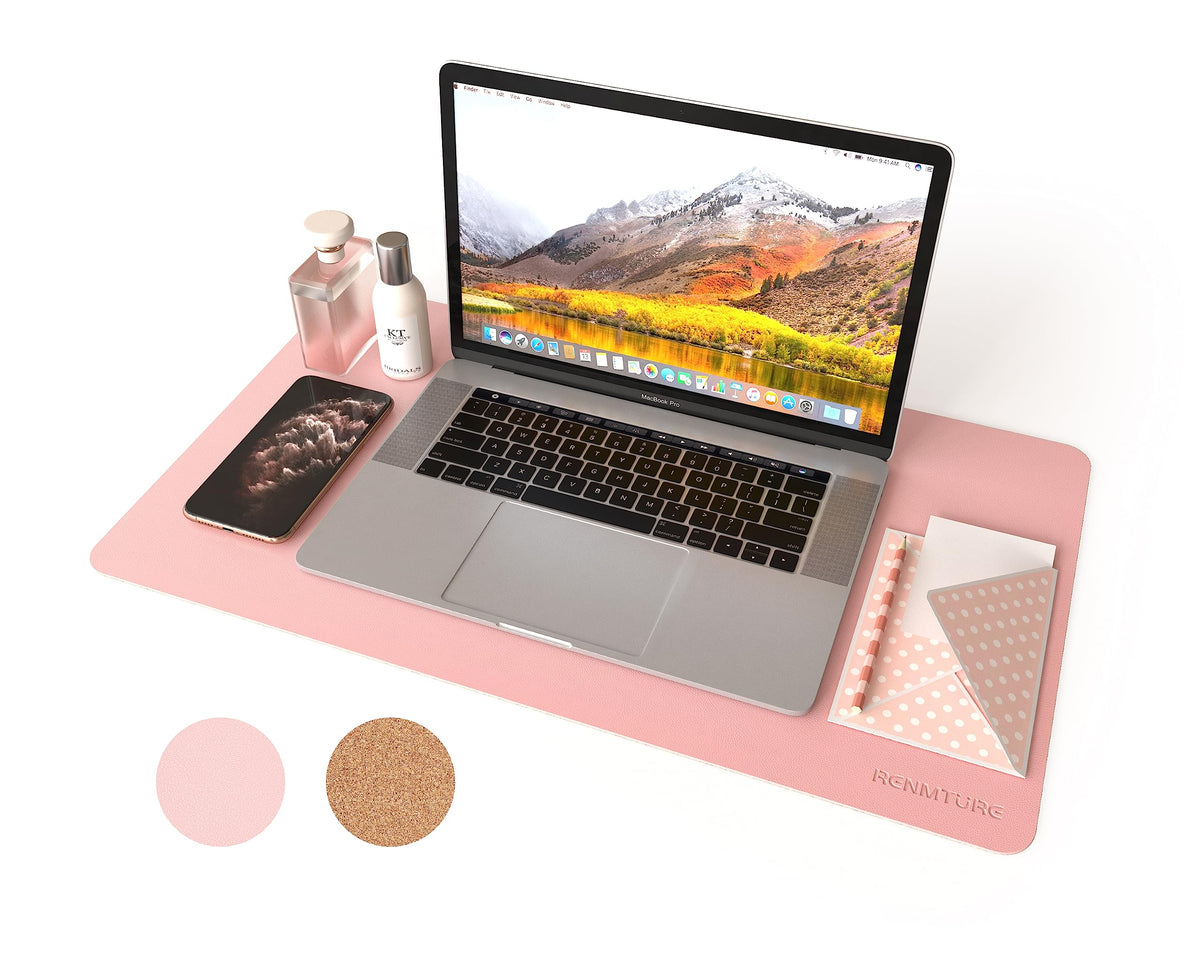 RENMTURE Dual-Sided Mouse Pad, Natural Cork & PU Leather Large Desk Pad for Office and Home Work, Desk Protector Non-Slip, Waterproof, Easy Clean (Pink, 23.6" x 13.7")