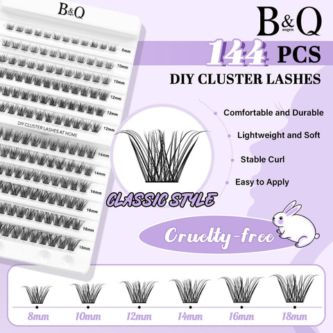 Lash Clusters 144PCS Volume Individual Lashes 8-18mm B&Q Eyelash Clusters Diy Cluster Eyelash Extensions Wispy Cluster Lashes Beginner Eyelash Extension Long Lasting Lashes Wispy(DTFD-Classic)