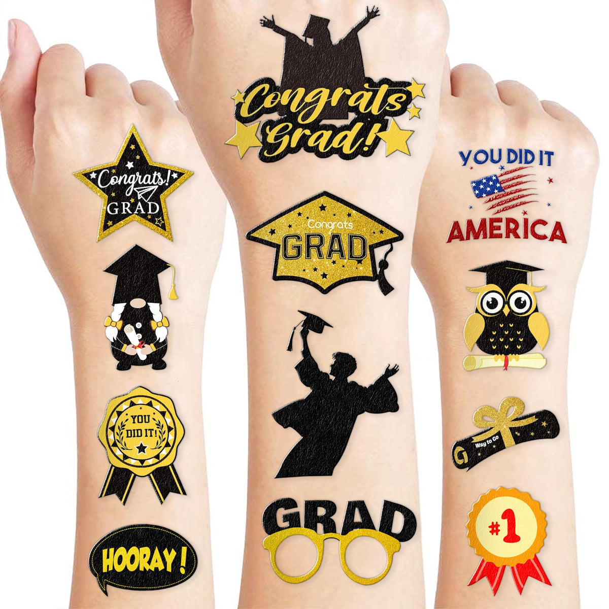 103 PCS Graduation Temporary Tattoos - Black and Gold Congrats Grad Party Themed Stickers for Kids Birthday Party Supplies, Decorations, Favors, and Prizes - Cute Gifts for Boys and Girls