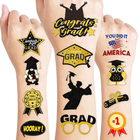 103 PCS Graduation Temporary Tattoos - Black and Gold Congrats Grad Party Themed Stickers for Kids Birthday Party Supplies, Decorations, Favors, and Prizes - Cute Gifts for Boys and Girls