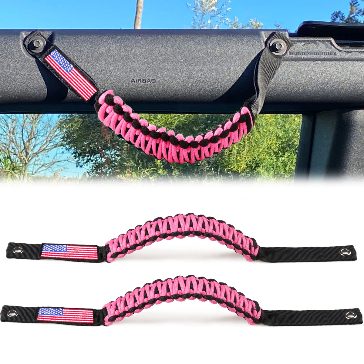 RERPRO Roll Bar Grab Handles for 2021 2022 2023 2024 Ford Bronco 2 Door 4 Door Accessories Paracord Grip Handle, with America Flag, 2 Pack Pink