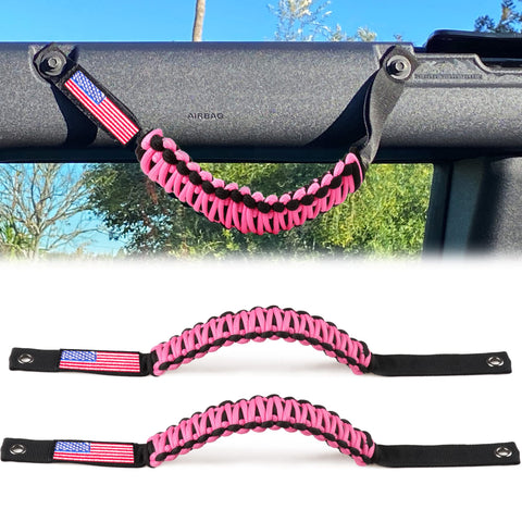 RERPRO Roll Bar Grab Handles for 2021 2022 2023 2024 Ford Bronco 2 Door 4 Door Accessories Paracord Grip Handle, with America Flag, 2 Pack Pink
