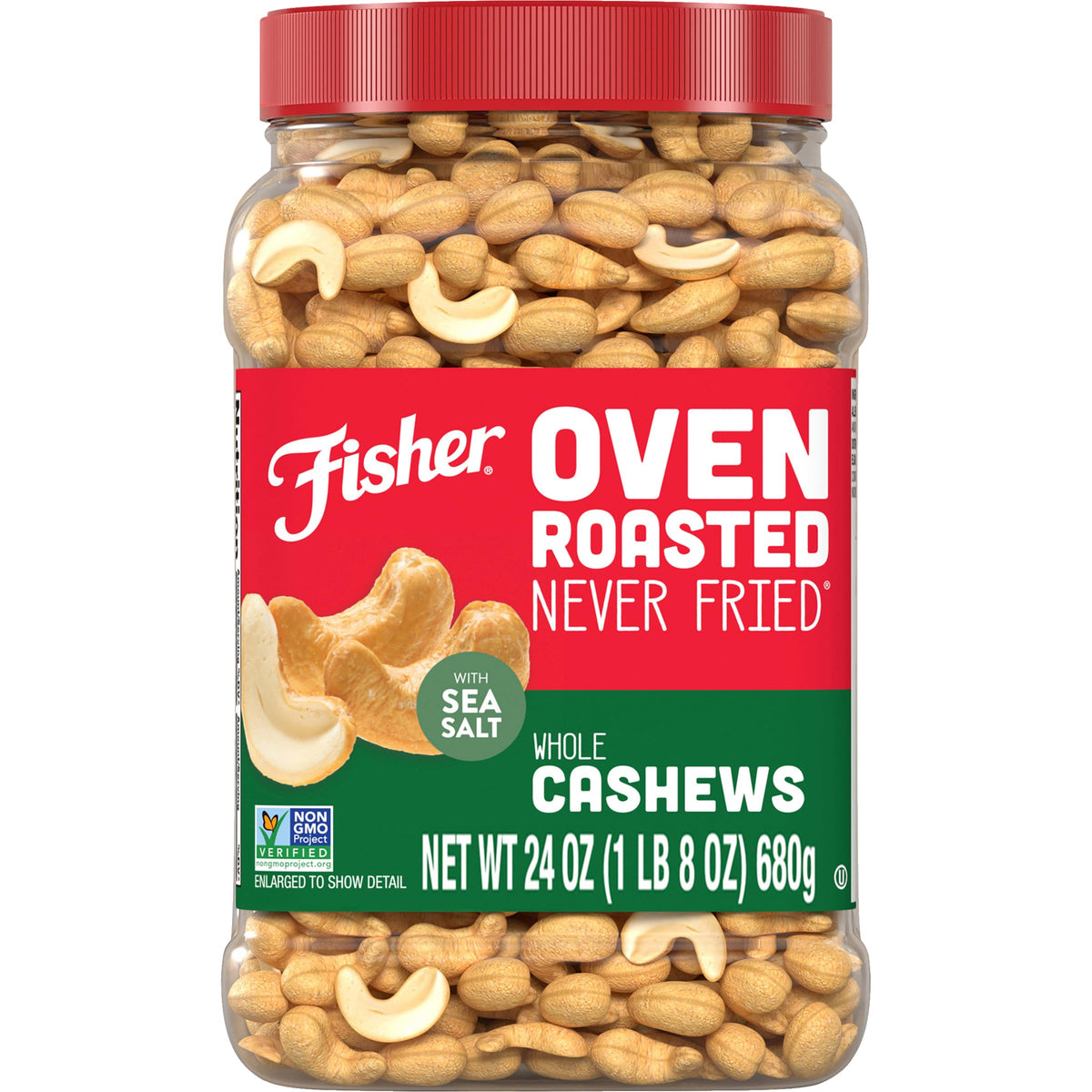 Fisher Snack Oven Roasted Never Fried Whole Cashews, 24 Ounces, Made With Sea Salt, Non-GMO, No Oils, Artificial Ingredients or Preservatives