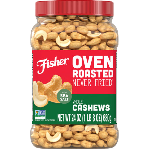 Fisher Snack Oven Roasted Never Fried Whole Cashews, 24 Ounces, Made With Sea Salt, Non-GMO, No Oils, Artificial Ingredients or Preservatives