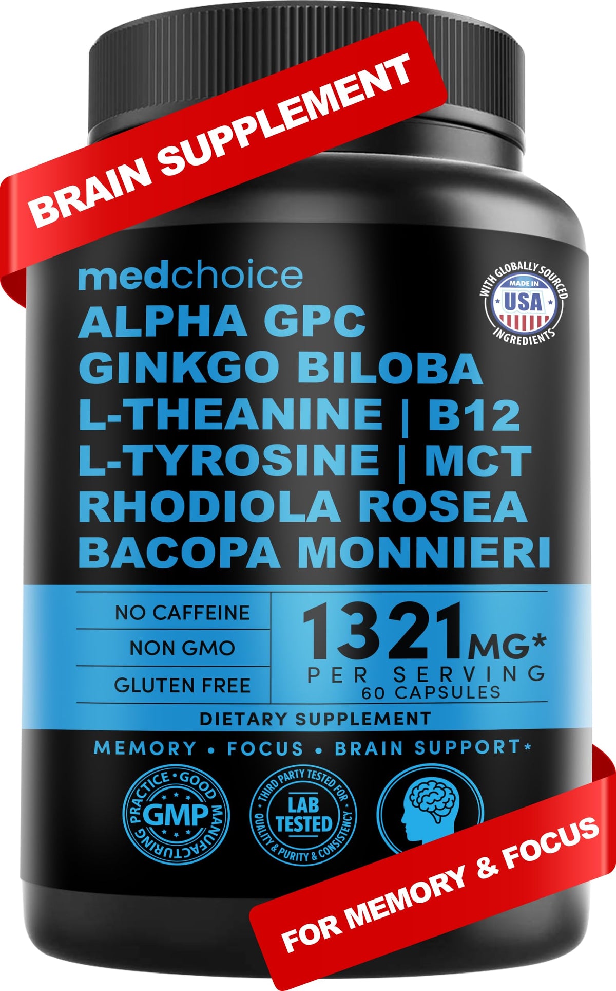 11-in-1 Nootropic Brain Supplements: Memory & Focus Supplement with Ginkgo Biloba, L Theanine, Bioperine, & Alpha GPC Choline - 1321mg, 60ct - Stimulant Free, Vegan - Focus Brain Support (1 pack)