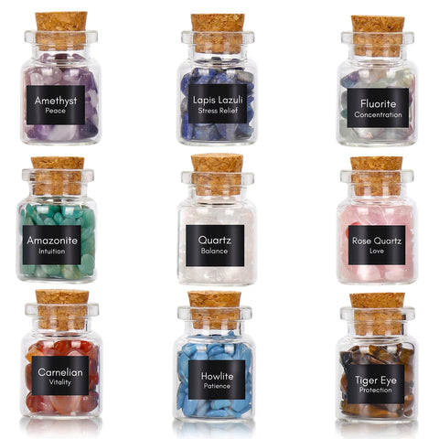 KALIFANO 9 Mini Gemstone Bottles - Tumbled Reiki Healing Crystal Chips in Glass Bottles Used for Wicca and Jewelry