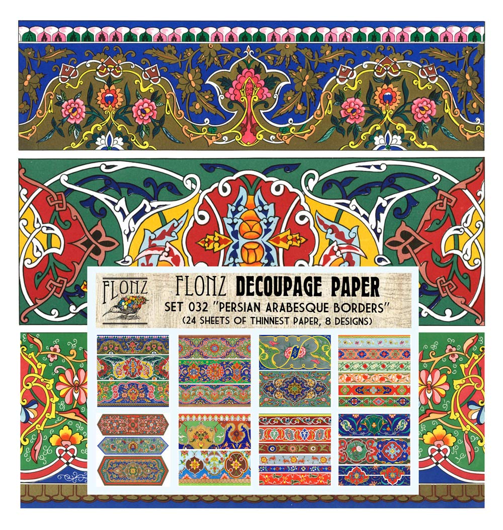 Decoupage Paper Pack (24 Sheets 6"x6") Persian Arabesque Borders FLONZ Vintage Styled Paper for Decoupage and Craft