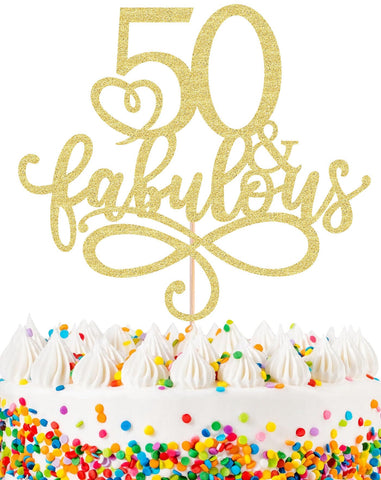 MYAMPED 50 & Fabulous Cake Topper - Glitter Golden Happy 50th Birthday Cake Decoration, Happy 50th Anniversary Cake Topper, Happy 50th Birthday Cake Topper for Men or Women, Photo Booth Props
