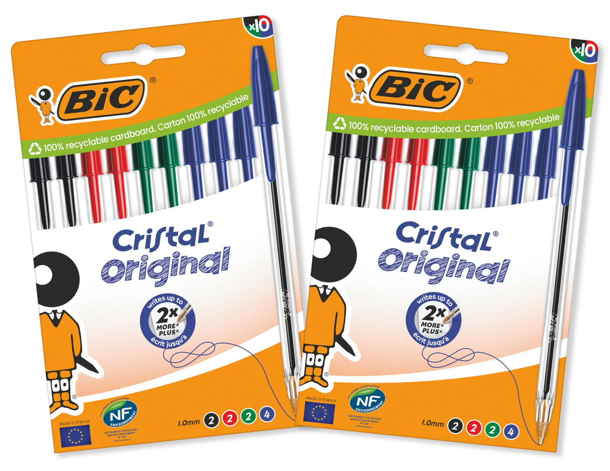 BIC Cristal Original Ballpoint Pens Medium Point (1.0 mm) – Assorted Colours, Pack of 2 Packs of 10