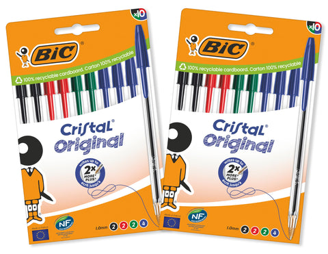 BIC Cristal Original Ballpoint Pens Medium Point (1.0 mm) – Assorted Colours, Pack of 2 Packs of 10