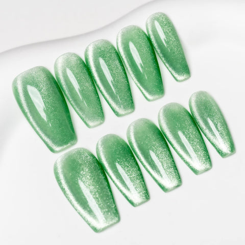 Sun&Beam Nails Handmade Press-On Medium Long Coffin Ballerina with Mint Green Cat Eye Design Charm Cute False Nail Tips 10 Pcs (#88 L)